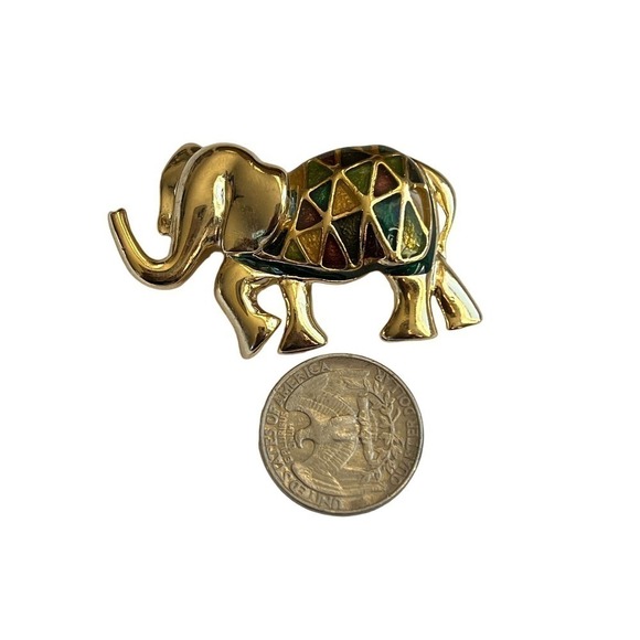 Gold tone Enamel Elephant Brooch - Picture 4 of 4